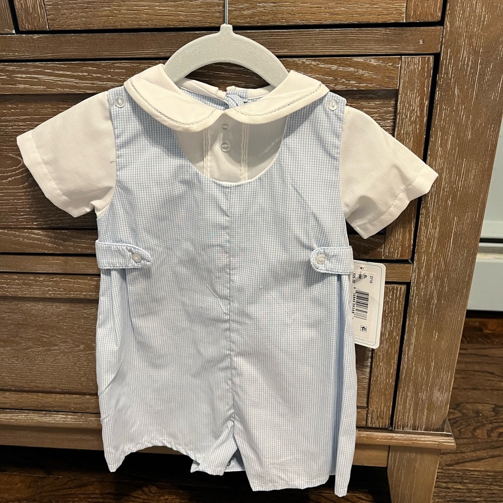 Baby Boy Light Blue Gingham Romper with White Peter Pan Collar and hat bonnet